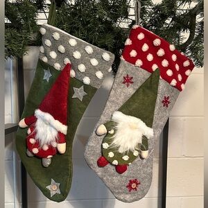 2 Gnome Festive Christmas Stockings Red Green Gray Felt Faux Fur